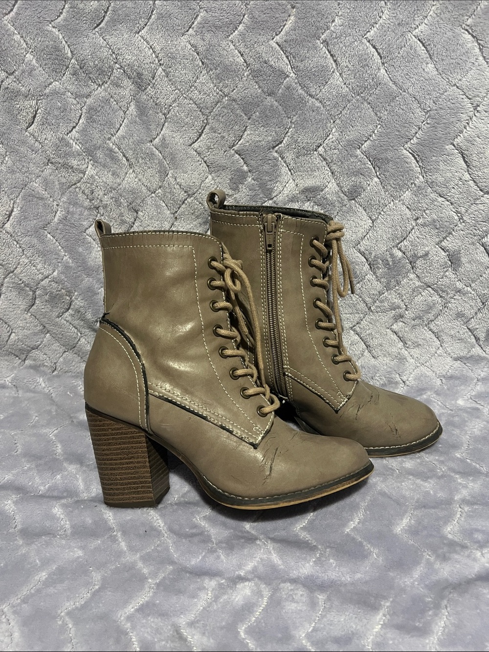 Candie's Taupe Lace-Up Block Heel Ankle Boots